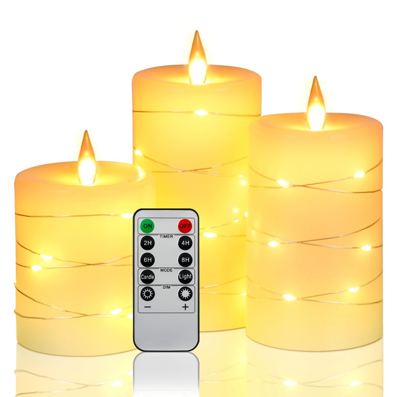 Da by Flameless Candles with String Lightsï¼ŒBattery Operated Candles,LED Flickering Candles with Remote Control and Timer, Real Wax, 3 Pack-Ivory - Image 1